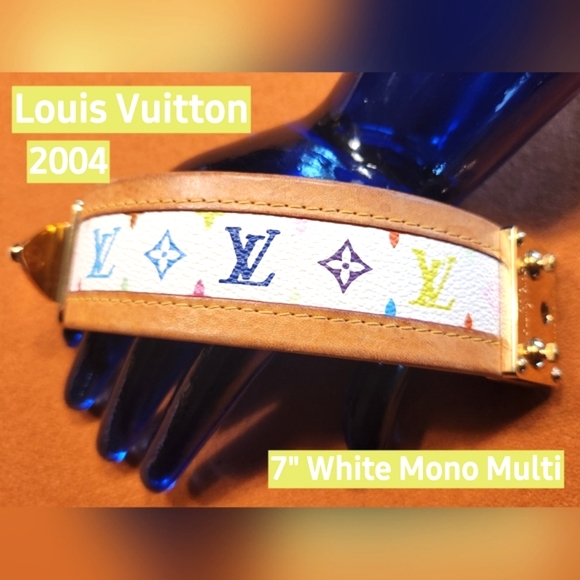 VTG LOUIS VUITTON White Monogram Multicolor 2004 Wide Gold Chunky Latch Bracelet - Picture 4 of 16